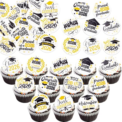 48Pcs Edible Graduation Cap 2026 Cupcake Toppers Wafer Paper Grad Cap Diploma Cake Decoration Picks for 2026 Grad Theme Party Cake Decor Supplies Black White Gold (48 Count)