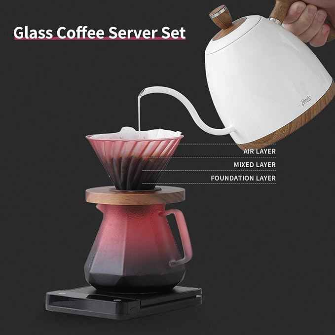 Bincoo Pour Over Coffee Maker Set - Borosilicate Glass Dripper with Walnut Handle & Glass Lid, 50 pcs Paper Filters Included