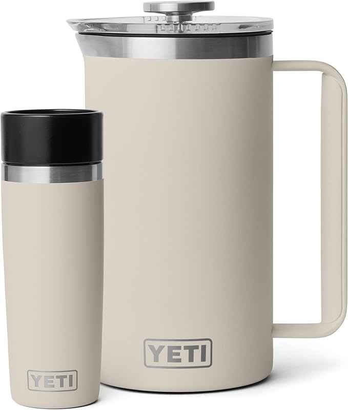 YETI Rambler 34 oz. French Press Coffee Maker, (1) 16 oz Travel Bottle, Stainless Steel, Cape Taupe