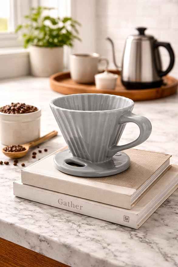 Chantal "Lotus" ceramic pour over coffee dripper, 8 ounces, Fade Grey