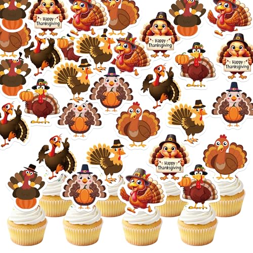 72PCS Edible Thanksgiving Day Cupcake Toppers Wafer Paper Turkey Cupcake Toppers Picks Autumn Cake Decorations for Thanksgiving Party Decoration Supplies