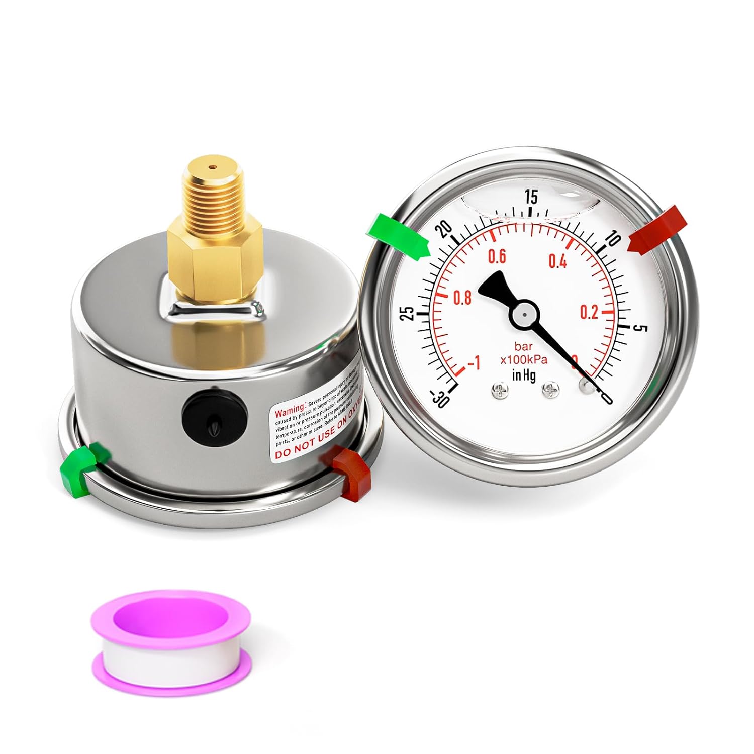 -30inHG-0PSI Stainless Steel Liquid Filled Pressure Gauge, 2.5
