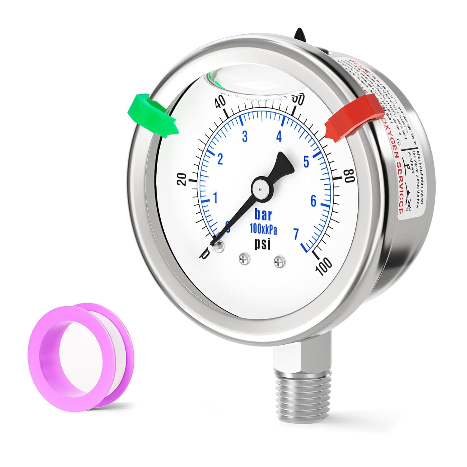 0-100PSI Stainless Steel Liquid Filled Pressure Gauge, 2.5