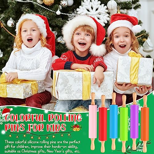 6 Pcs Small Rolling Pin Kids 12 Inch Mini Silicone Rolling Pin for Baking Non Stick Kids Dough Roller with Wooden Handle for Kitchen Cookie Pastry Fondant Cake 6 Colors
