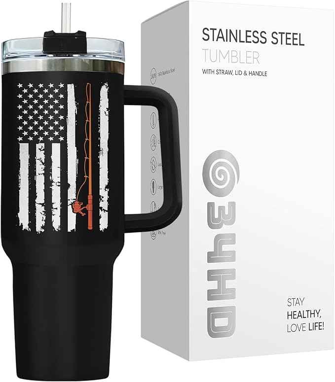 34HD Funny Fishing Tumbler 40oz with Handle Lid and Straw, Don’t Be a Dumb Bass Insulated Travel Coffee Cup, Father’s Day Gift for Men & Papa, Outdoorsman Fisherman Birthday Present