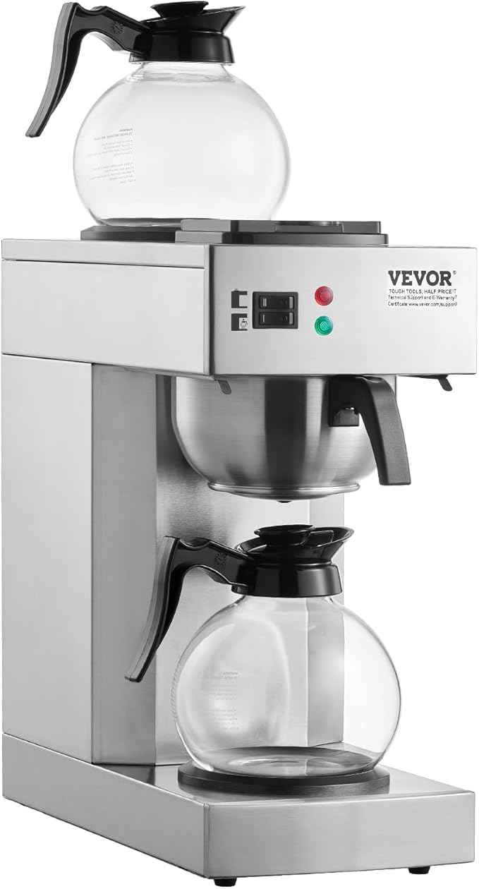 VEVOR 12 Cups Commercial Drip Coffee Maker, Coffee Maker Machine with 2 Glass Carafes and 2 Warmer Plates, Stainless Steel Pour Over Coffee Brewer for Restaurant, Office, Cafe