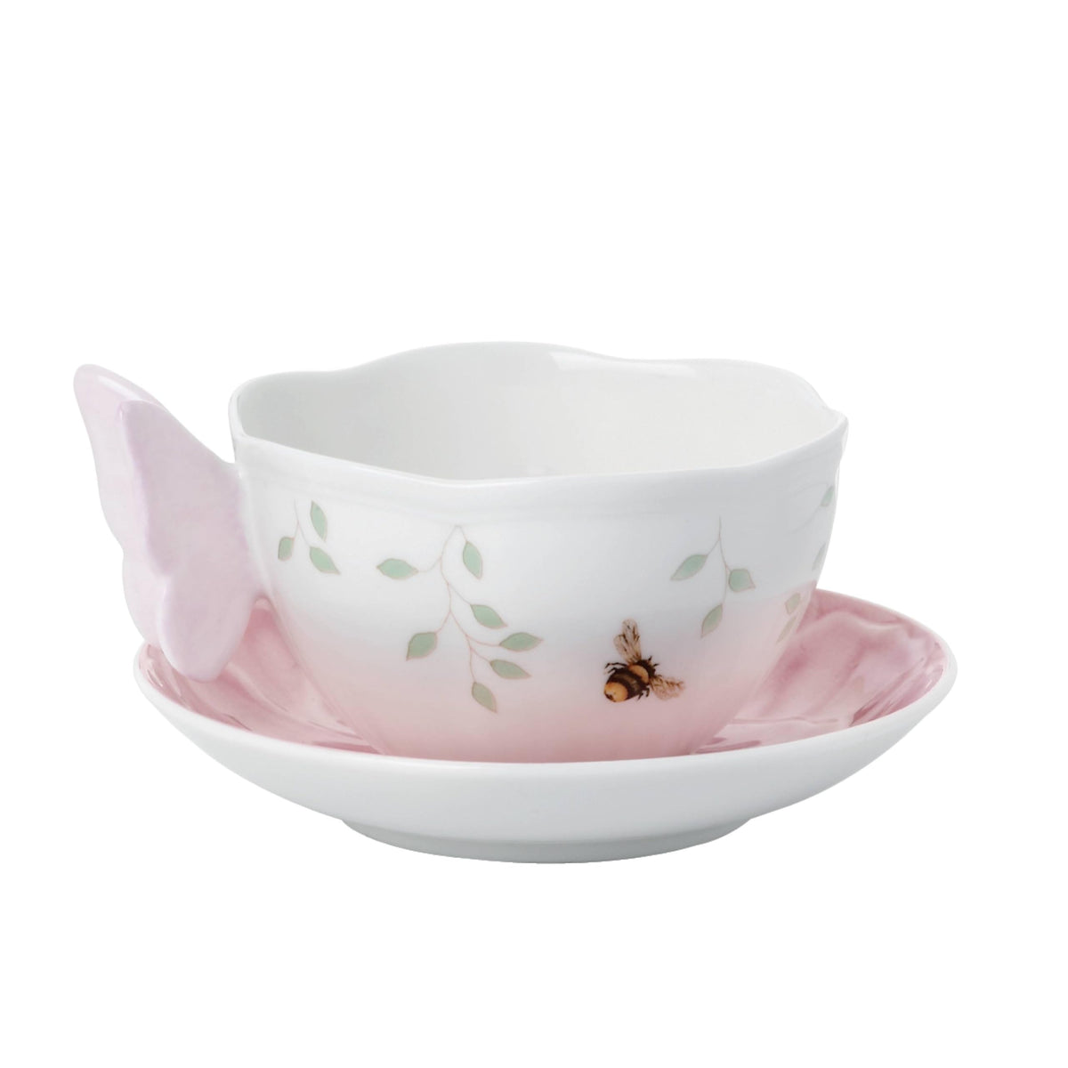 Pink porcelain cup and saucer set with butterfly handle