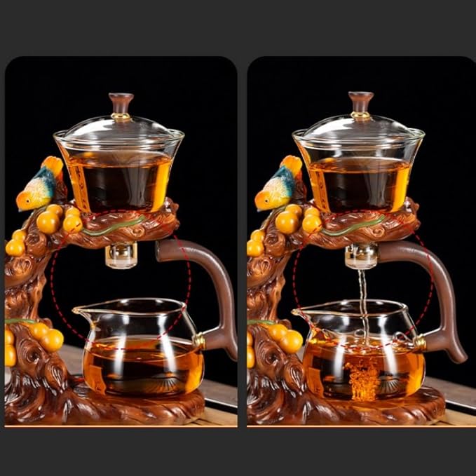 Glass Teapot Set with Infuser Semi Automatic Tea Set Lazy Kungfu Attraction Drip Rotating Magic Teapot Set (Bird)