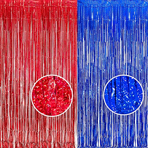 Red Blue Tinsel Foil Fringe Curtains (2 Count)