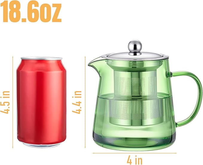 PARACITY Glass Teapot Stovetop 550ml/18.6oz, Borosilicate Clear Tea Kettle with Removable 18/8 Stainless Steel Infuser, Teapot Blooming and Loose Leaf Tea Maker Tea Brewer for Camping