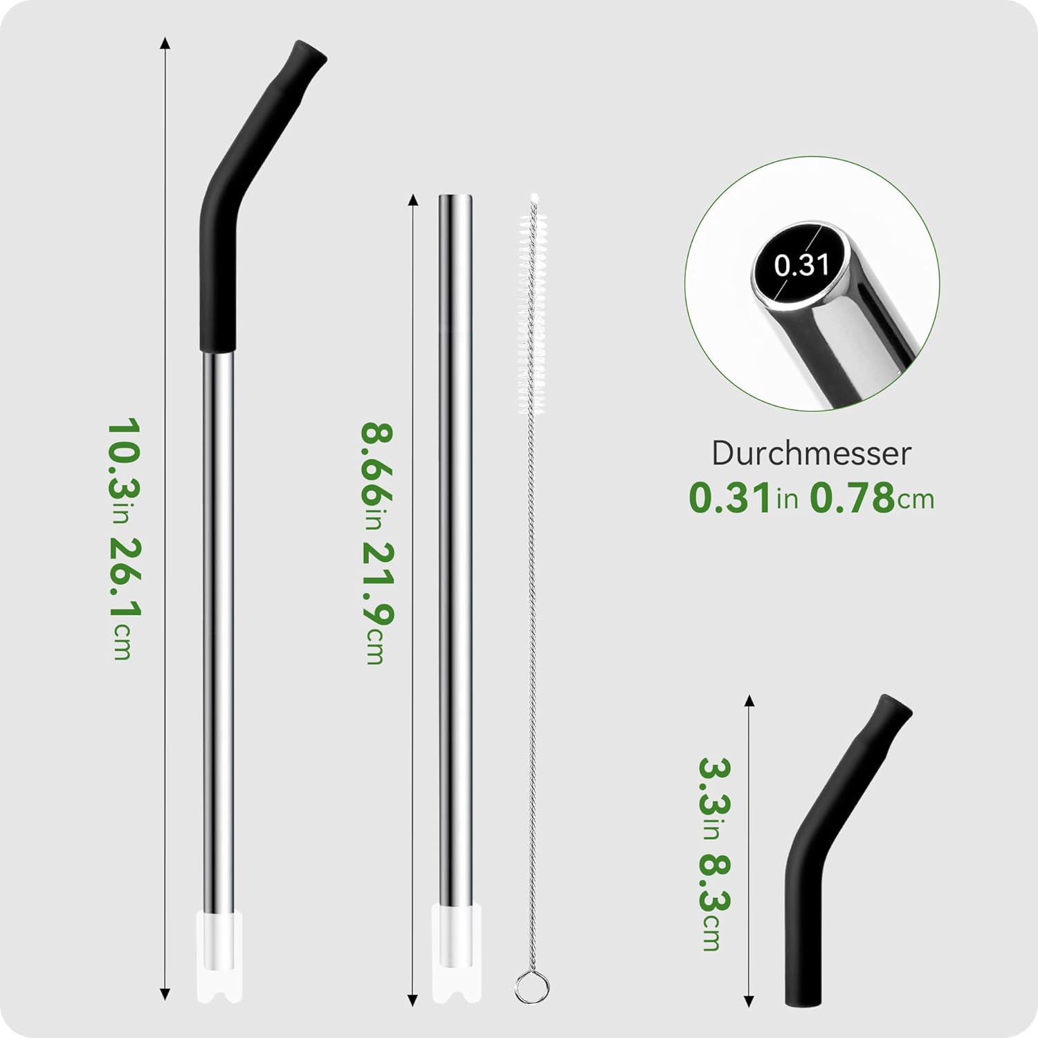 Snowfall 2 Pcs Replacement Metal Straws for Stanley 14 OZ, 20 OZ Tumbler, Stainless Steel Straws with Silicone Tip for 20 OZ Tumbler, Straw Brush (Apple Green)
