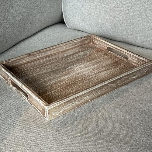 Wooden Tray 17"x13"x2" Vintage Beige Rectangle Stylish Rustic Farmhouse Decor Serving Platter