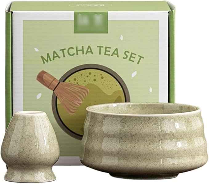Ceramic Matcha Kit for Breakfast Afternoon Tea Contains Bowl Tea Brush Stand, Visiting Gifts Matcha Bowl Set Entertaining Guests Negotiating Business(Matcha Green-B)