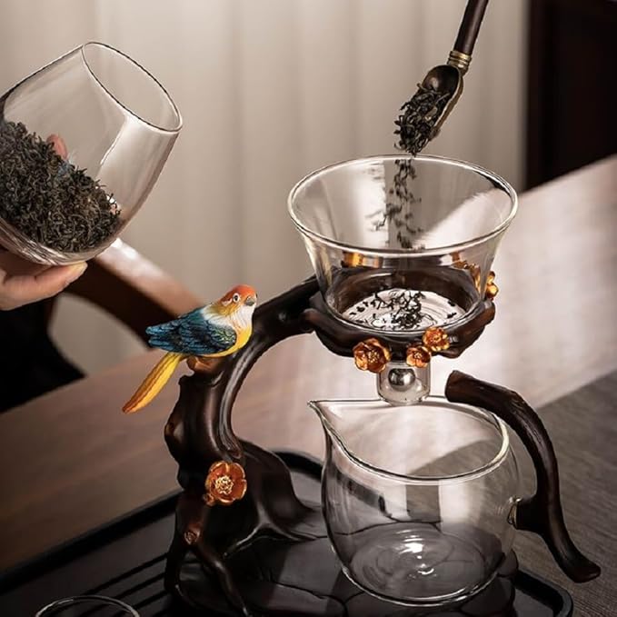 Lazy Kungfu Glass Tea Set Heat Resistant Semi Automatic Drip Rotating with Infuser Magnetic Teapot Set for Gongfu Tea Making Ideal (Bird)