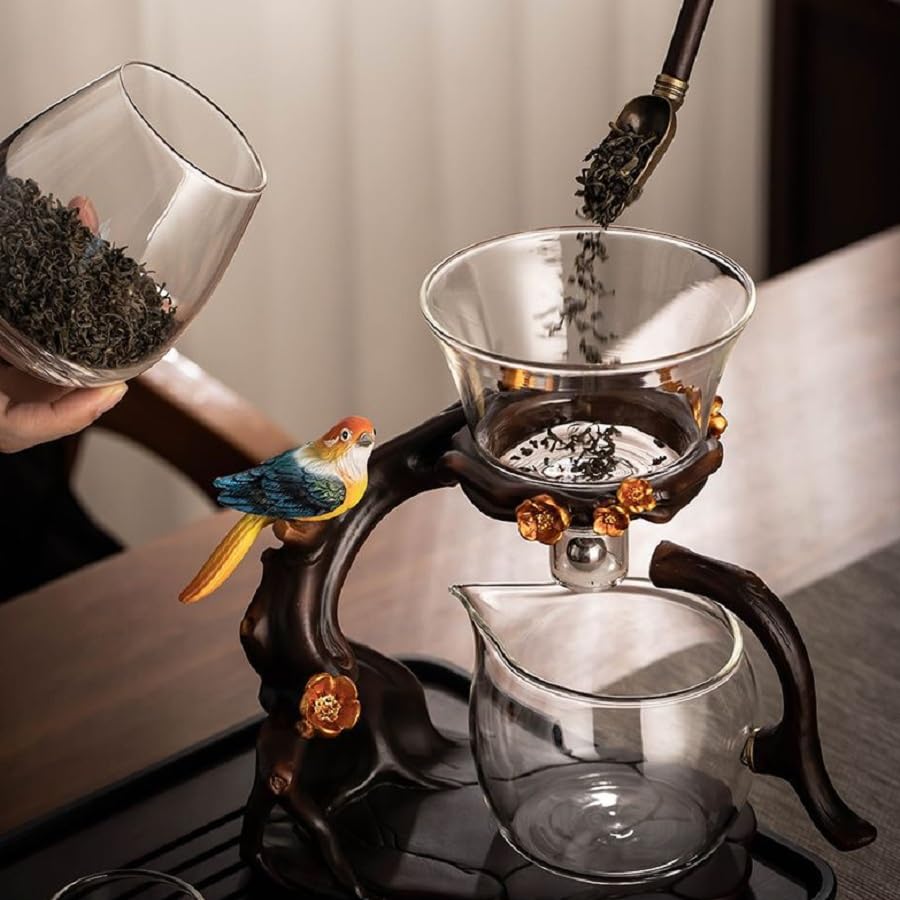 Lazy Kungfu Glass Tea Set Heat Resistant Semi Automatic Drip Rotating with Infuser Magnetic Teapot Set for Gongfu Tea Making Ideal