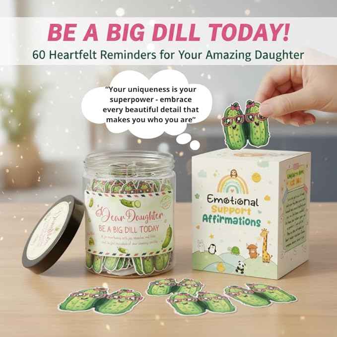 60 Positive Pickle Cards Jar for Daughter with Affirmation Cards, Daughters Birthday Gift Ideas from Mom, Dad, Daughter Gifts, Unique Birthday Gifts for Daughter in Law