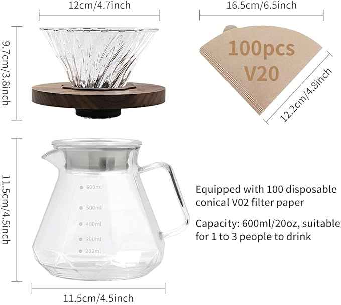 Professional Glass Pour Over Coffee Maker Kit - 600ml V-Shaped Brewer with Walnut Handle & 100 V20 Filters, 20 oz Borosilicate Carafe for Camping Home Brewing Gifts