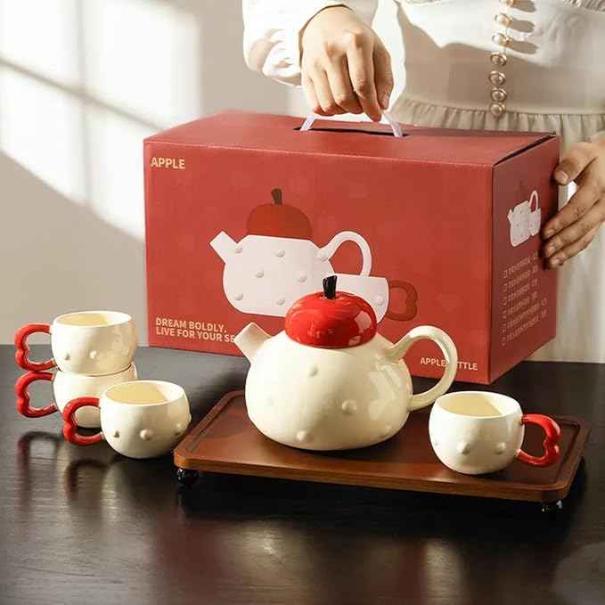 Apple-themed Modern Tea Set, 1 Teapot (28.7oz), 4 Teacups and 1 Tea Tray, Porcelain Tea Set for Adults, Cute Tea Set for Women Tea Party, Gift Package