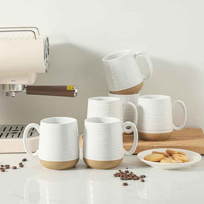 Hasense Porcelain Coffee Mugs Set of 6, 15 Ounce Large Ceramic Coffee Cups Set with Handle for Latte, Tea, Cocoa and Hot Chocolate, White Coffee Mugs for Men and Women, Microwave Safe