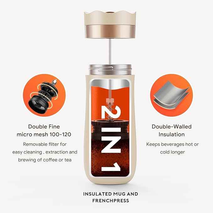 Travel French Press Coffee Maker 12oz Portable French Coffee Cup Double Walled Stainless Steel Vacuum Insulated Coffee Mug and Tea Maker Mini Vacuum Great for Camping and Traveling