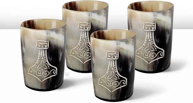 Handicrafts Home Viking Horn Shot Glasses Set of 4, Handmade Natural Ox Horn, Rustic Viking Drinkware Whiskey Shot Cups, Father’s Day Gifts, Medieval Decor Gift Set for Men & Groomsmen, Birthday Gifts