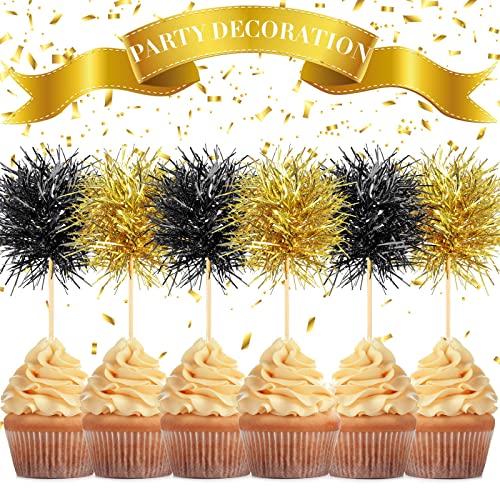 100 Pcs Foil Firework Cupcake Toppers Black and Gold Sparkle Tinsel Cake Toppers New Year Cake Decoration Cocktail Fruit Toothpick for Birthday Wedding Graduation Party