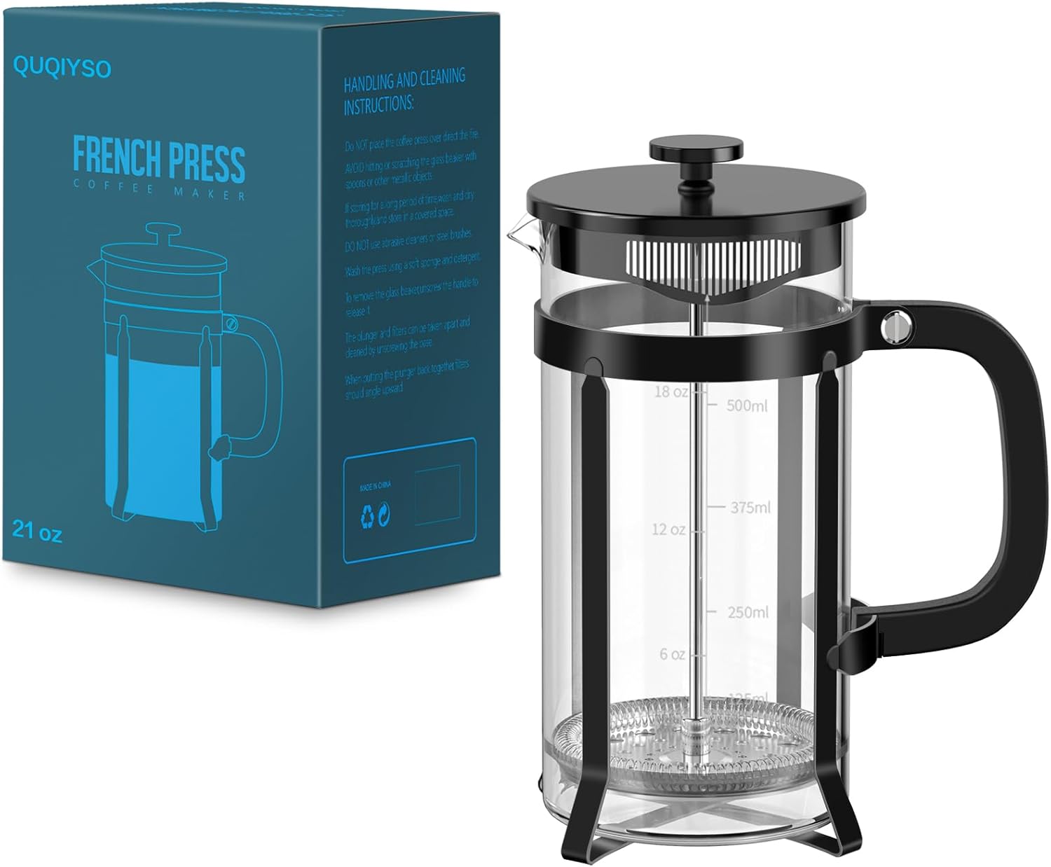 QUQIYSO French Press Coffee Maker 304 Stainless Steel French Press with 4 Filter, Heat Resistant Durable, Easy to Clean, Borosilicate Glass Coffee Press, 100% BPA Free Glass Teapot, 21 ounce, Black - Blissbrew