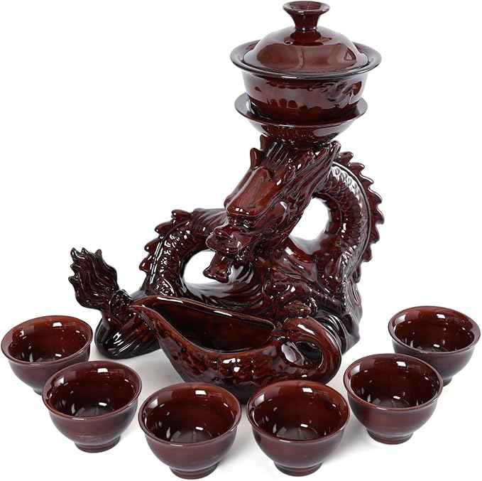 fanquare Lazy Kungfu Ceramic Tea Set for 6, Chinese Dragon Shape 9 Piece Tea Set Gift Box, Tea Cup, Infuser, Fair Cup Unique Tea Set for Office Business Gift, Red
