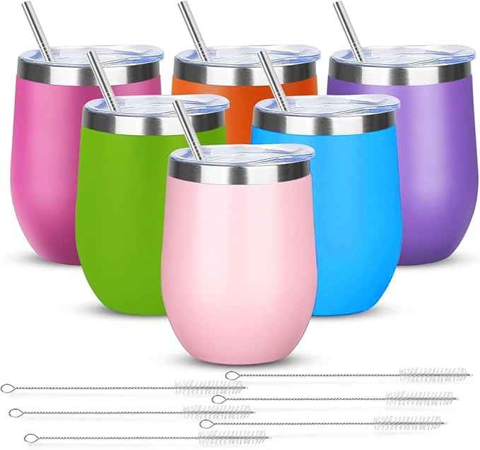 12oz/6 Pack Wine Tumbler Glasses with Lid Stemless Double Wall Vacuum Stainless Steel Travel Tumbler Keeping Cold & Hot for Wine,Coffee,Cocktails,Christmas Drinks-Family and Gifts