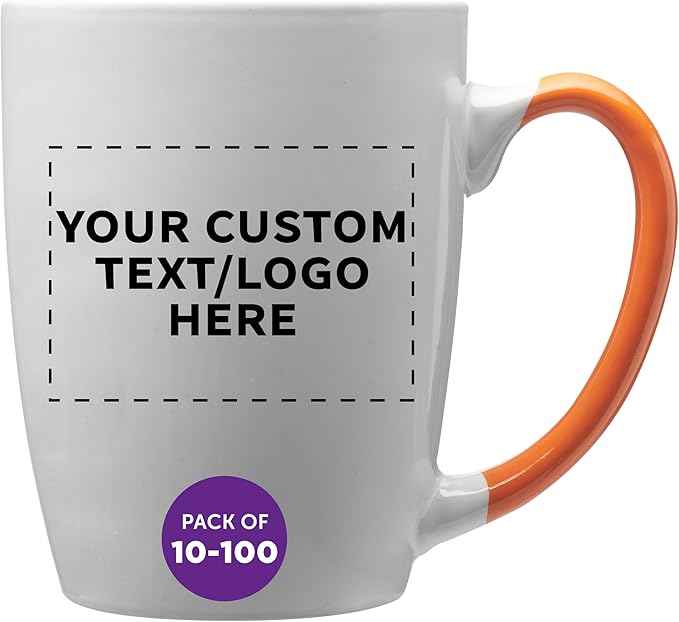 DISCOUNT PROMOS Custom Java Two-Tone Coffee Mugs 12 oz Set of 10/50/100 Personalized Bulk Pack for Coffee Tea Espresso Hot Cocoa Other Beverages - Orange