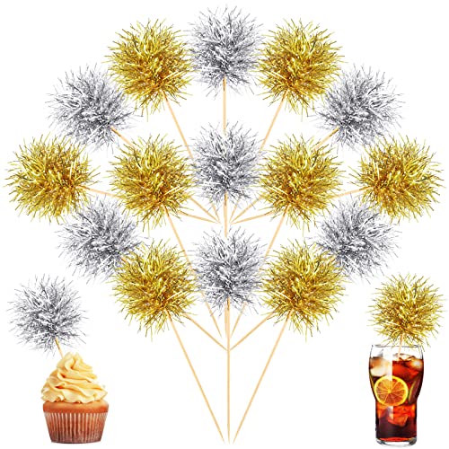 100 Pcs Foil Firework Cupcake Toppers Gold and Silver Sparkle Tinsel Cake Toppers New Year Cake Decoration Cocktail Fruit Toothpick for Birthday Wedding Graduation Party (100 Count)