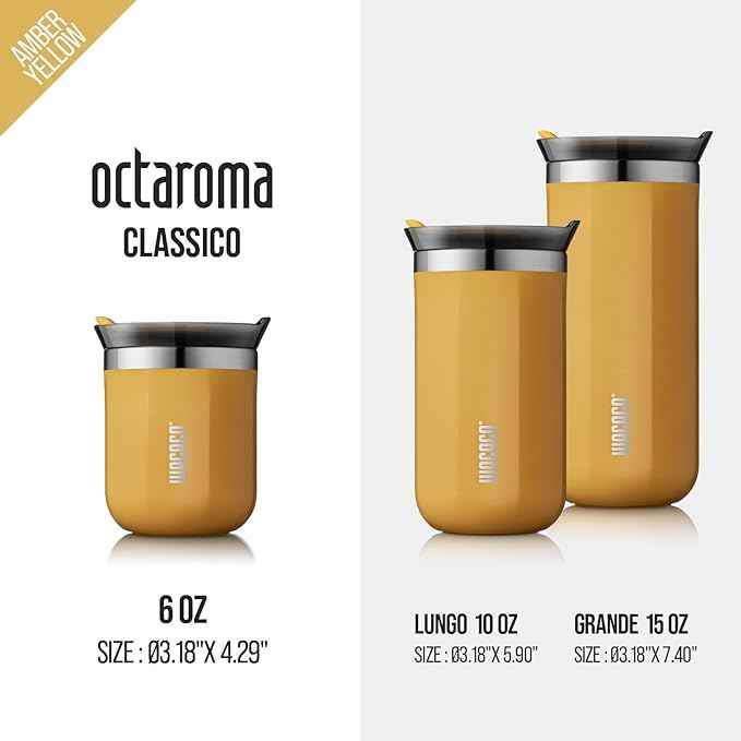 WACACO Octaroma Classico Travel Coffee Mug, Double-wall Stainless Steel Travel Tumbler With Drinking Lid, 6 fl oz (180ml), Amber Yellow