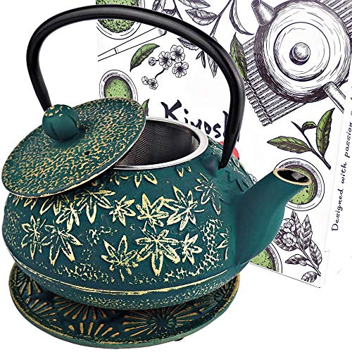 40 Oz Green Maple Leaf Cast Iron Teapot