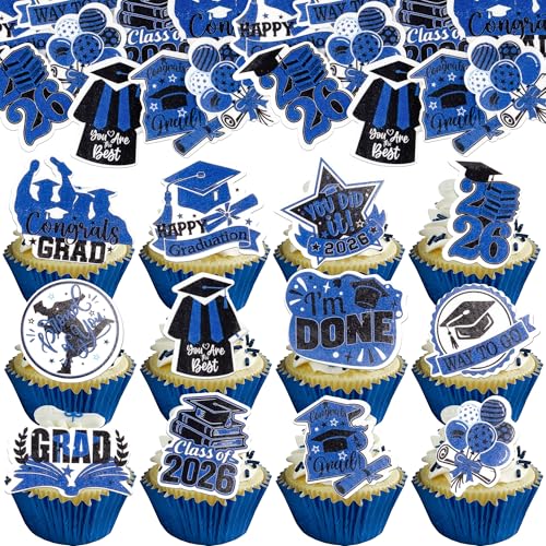48Pcs Edible Graduation Cap 2026 Cupcake Toppers Wafer Paper Grad Cap Diploma Cake Decoration Picks for 2026 Grad Theme Party Cake Decor Supplies Black Blue (48 Count)