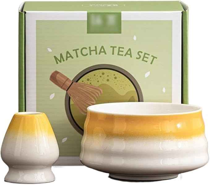 Ceramic Matcha Kit for Breakfast Afternoon Tea Contains Bowl Tea Brush Stand, Visiting Gifts Matcha Bowl Set Entertaining Guests Negotiating Business(Yellow)