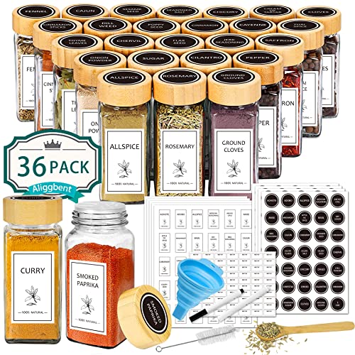 Spice Jars with Labels 36 Pcs 4 oz Glass Bamboo Lids Shaker Set (36 Count)