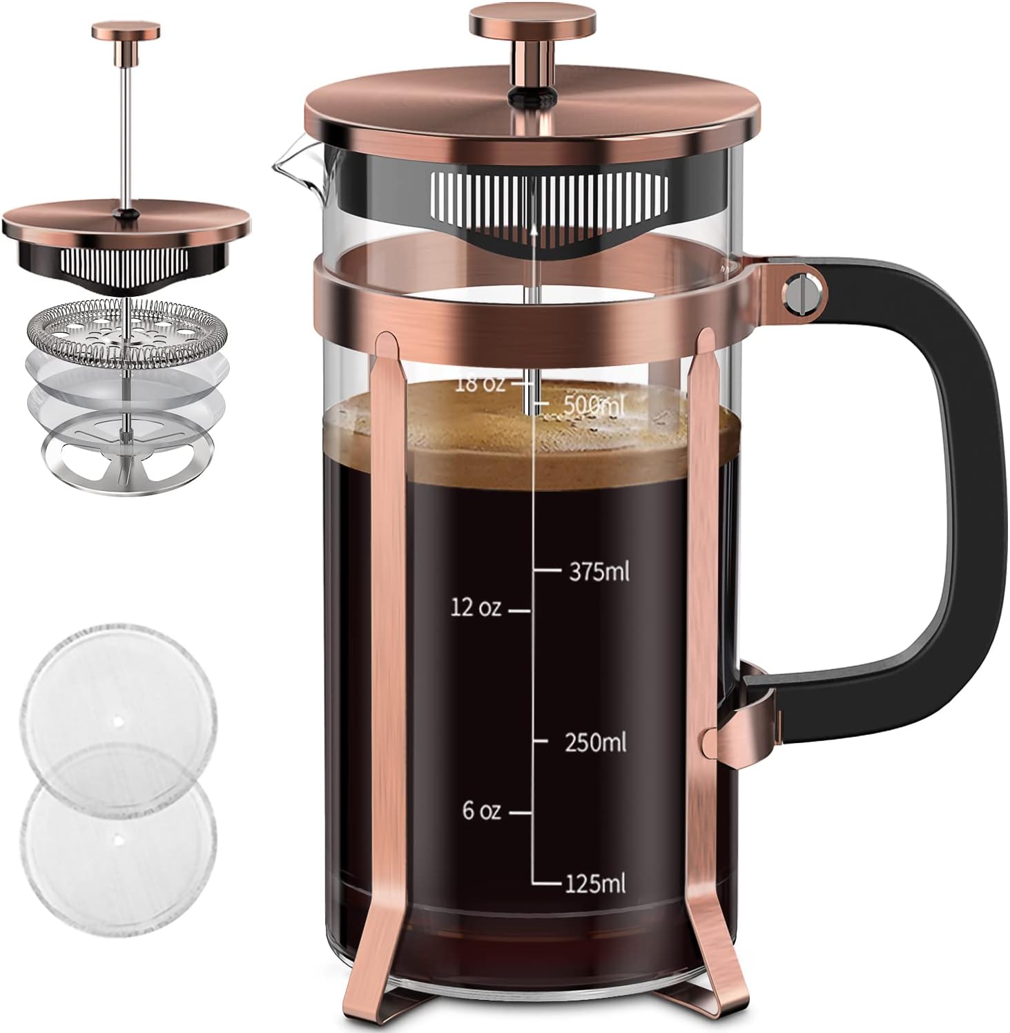 QUQIYSO Coffee Maker 304 Stainless Steel French Press with 4 Filter, Heat Resistant Durable, Easy to Clean, Borosilicate Glass Coffee Press, 100% BPA Free Teapot, 21 ounce, copper - Blissbrew