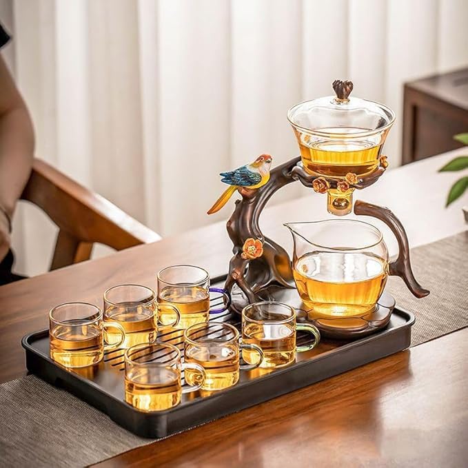 Lazy Kungfu Glass Tea Set Heat Resistant Semi Automatic Drip Rotating with Infuser Magnetic Teapot Set for Gongfu Tea Making Ideal (Bird)