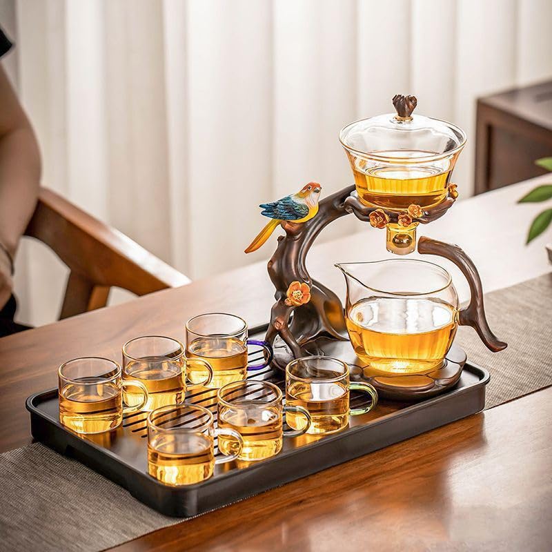 Lazy Kungfu Glass Tea Set Heat Resistant Semi Automatic Drip Rotating with Infuser Magnetic Teapot Set for Gongfu Tea Making Ideal