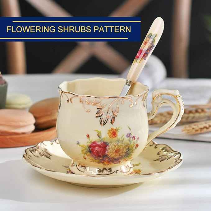 YOLIFE 8 OZ Flowering Shrubs Tea Cups and Saucers Set of 6, Ivory Ceramic Floral Teacups Set, Coffee Cups with Golden Rack