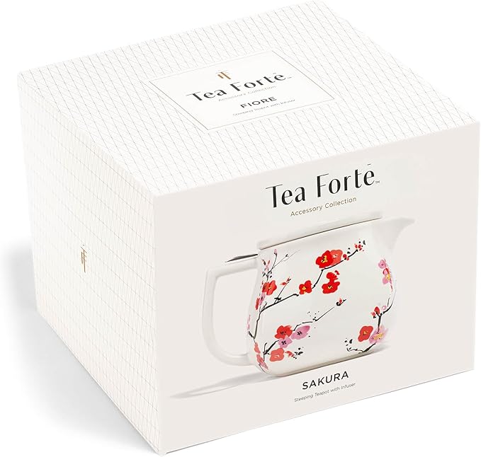 Tea Forte Ceramic Teapot with Removable Stainless Steel Infuser Basket and Lid, Steeps 24 oz. Loose Leaf Tea, Dishwasher & Microwave Safe, Gifts for Mom, Sakura Cherry Blossom