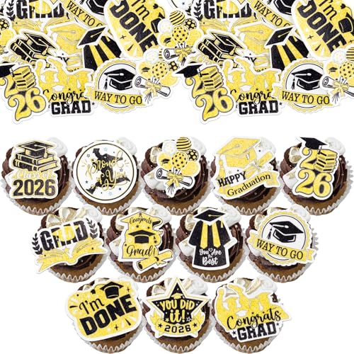 48Pcs Edible Graduation Cap 2026 Cupcake Toppers Wafer Paper Grad Cap Diploma Cake Decoration Picks for 2026 Grad Theme Party Cake Decor Supplies Gold White (48 Count)