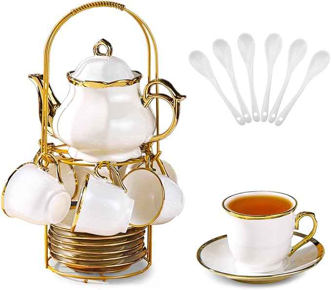 20 Pcs Porcelain Tea Set with Metal Holder, European Ceramic Tea Set for Adults, Coffee Tea Gift Sets, French Tea Cup Saucer Set for Party With Gold Trim (French White)