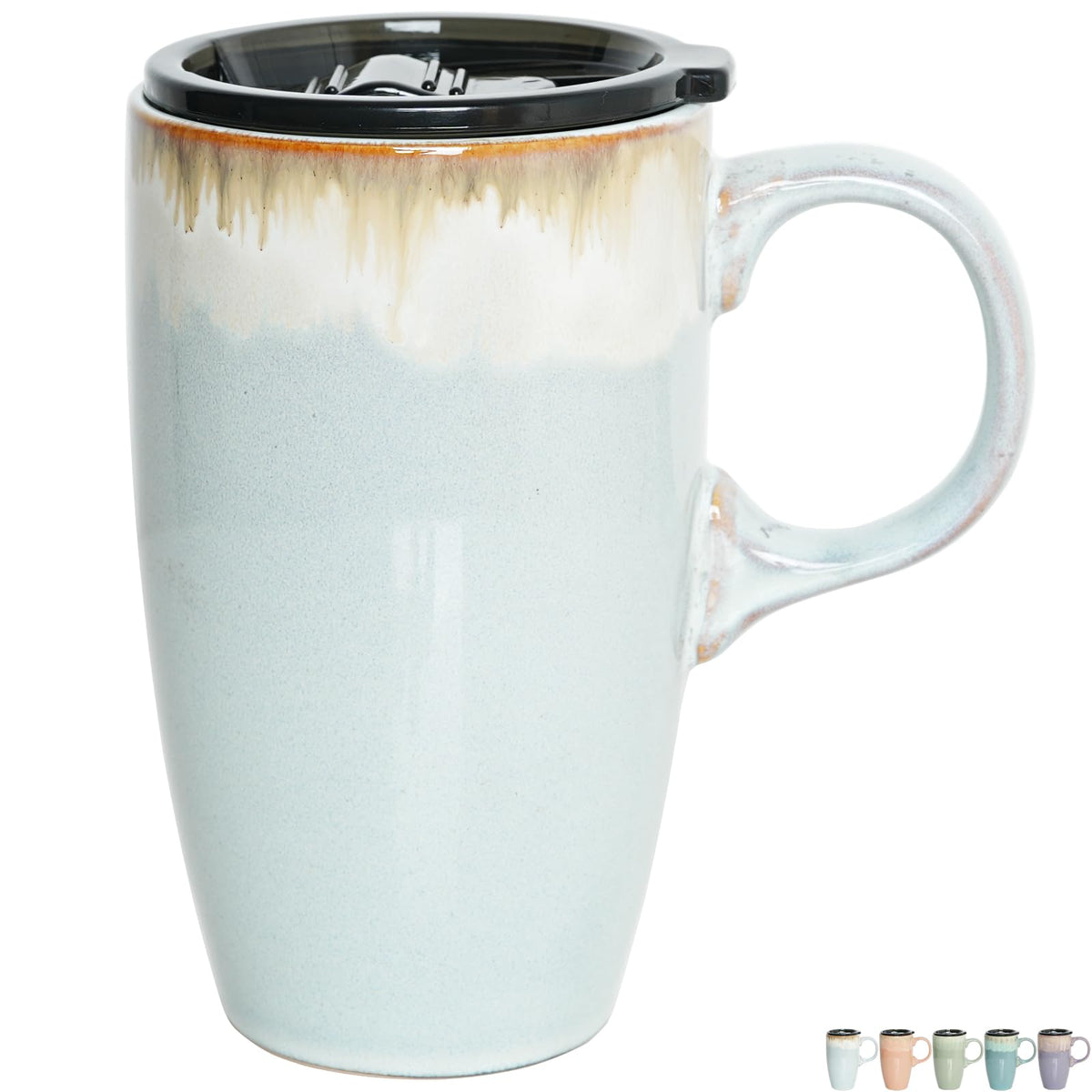 Light grey blue ceramic travel coffee mug with lid