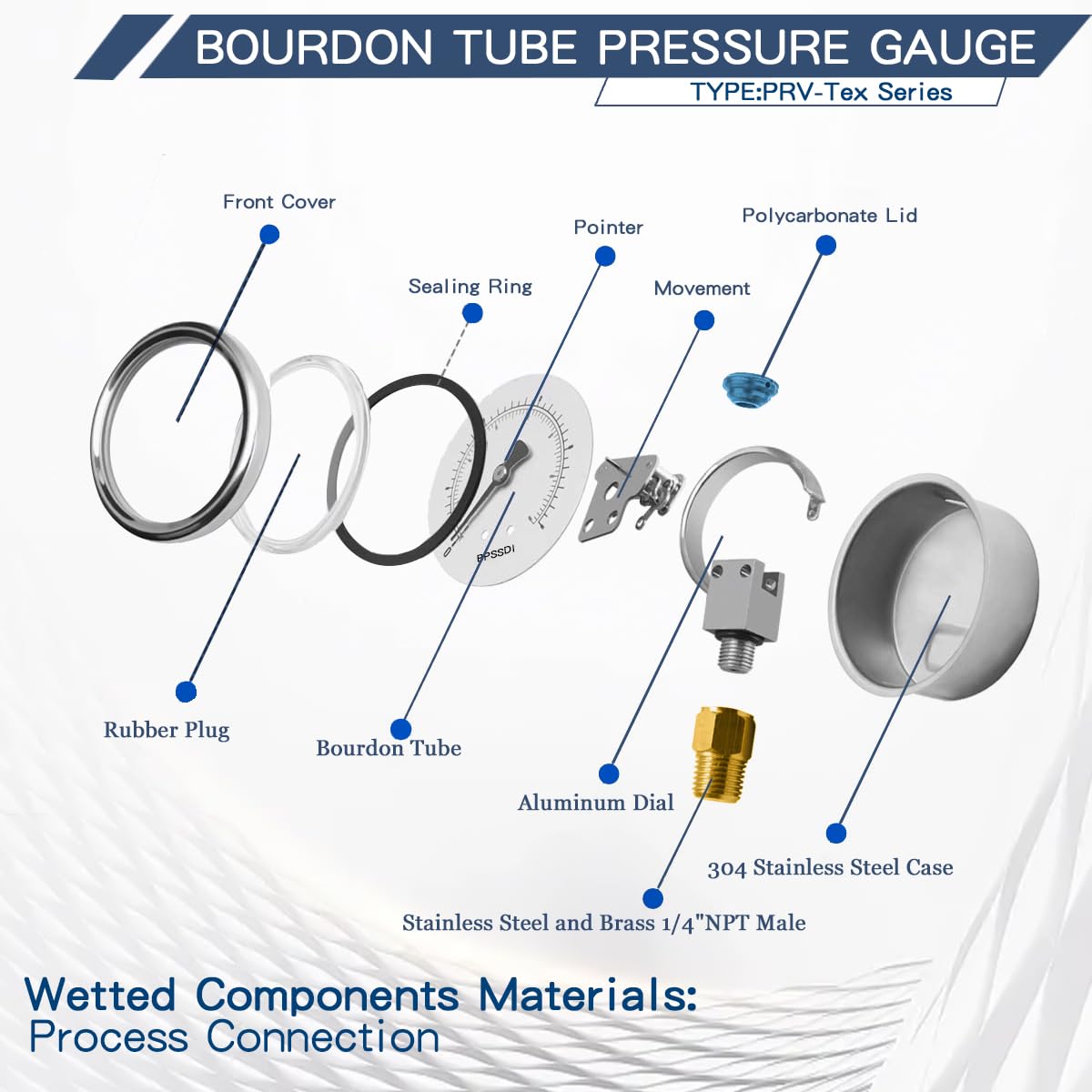 30inHg Vacuum Pressure Gauge, Water Pressure Gauge, 2.5" Dial Size, 1/4" NPT Lower Mount, 304 Stainless Steel Case, for Pneumatic Air Compressor RV Regulator Valve Test(with Tape)