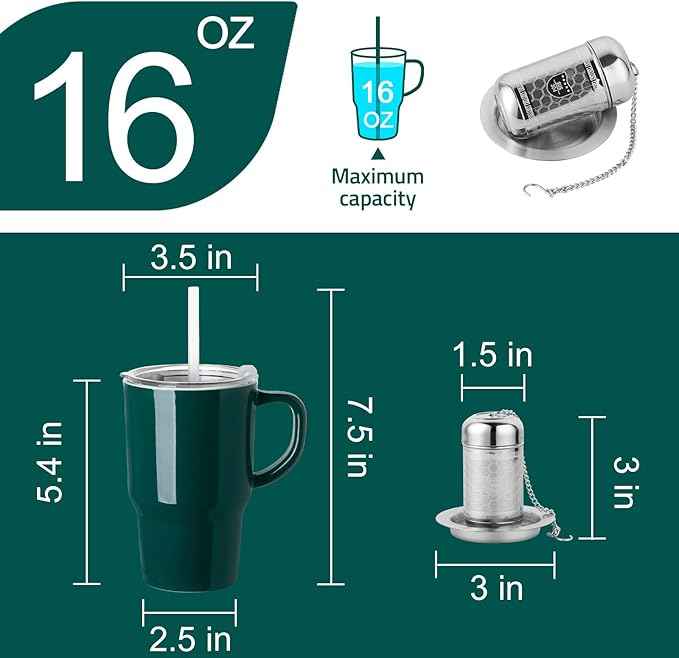 Sweejar Ceramic Tea Cup with Lid, 16 OZ Portable Coffee Mug, Dishwasher Safe Travel Mug with Infuser, Reusable Teacup for Car Cup Holder, Tea Lovers(Jade)