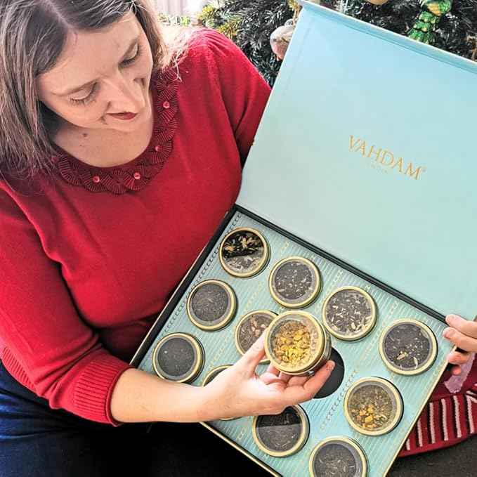 VAHDAM, Bloom - Assorted Tea Gift Set (12 Loose Leaf Tea) Tin Caddy Presentation Box | Gluten Free, Non GMO | Tea Gift Set for Women & Men