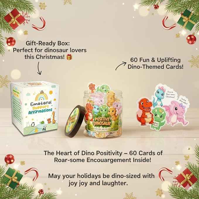 Positive Dinosaur Jar with 60 Affirmation Cards, Emotional Support Dino Gift, Dinosaur Gifts for Adults, Funny Dinosaur Decor for Home or Desk