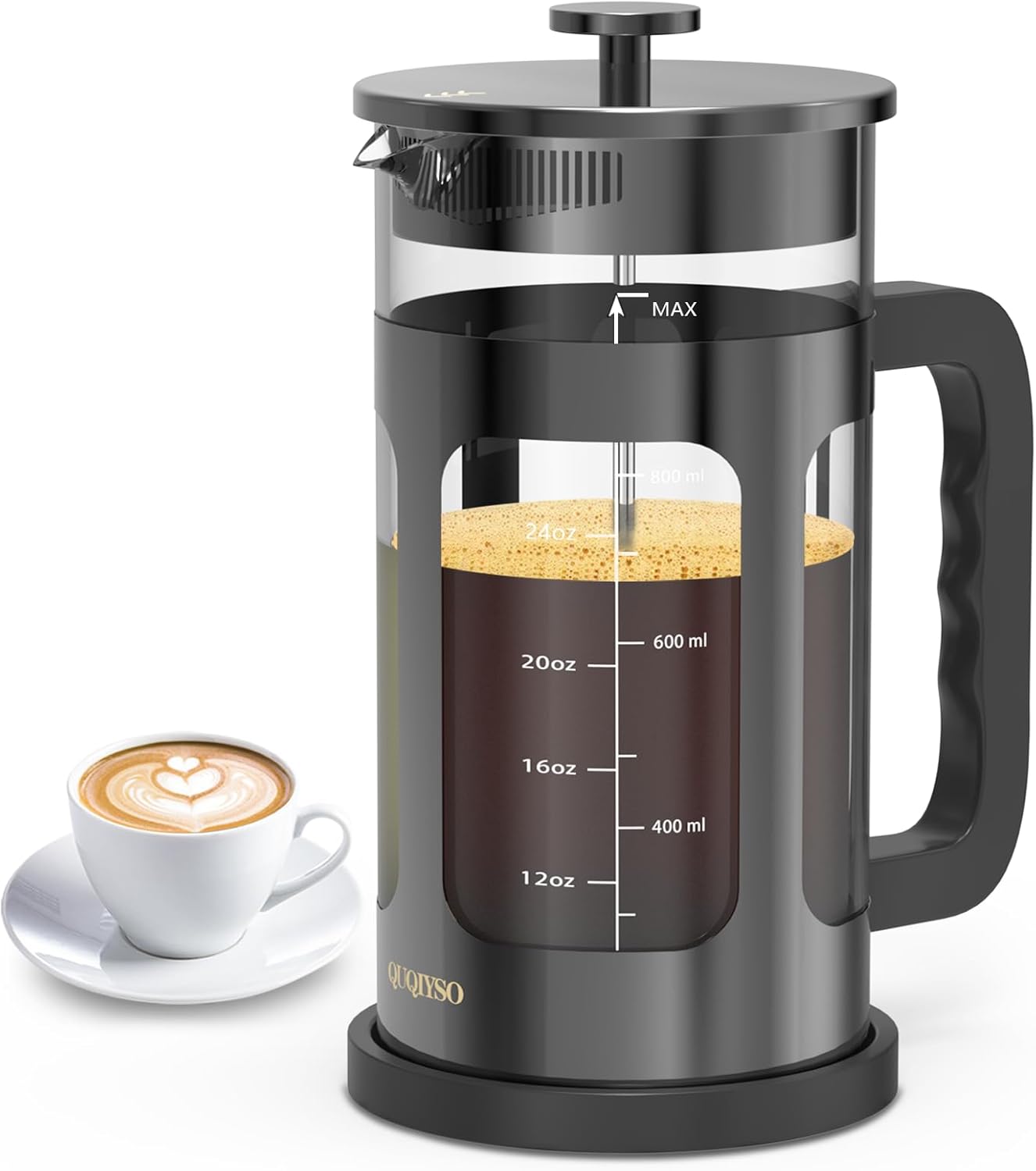 QUQIYSO French Press Coffee Maker 34oz 304 Stainless Steel French Press with 4 Filter, Heat Resistant Durable, Easy to Clean, Borosilicate Glass Coffee Press, 100% BPA Free Glass Teapot, Dark Pewter - Blissbrew