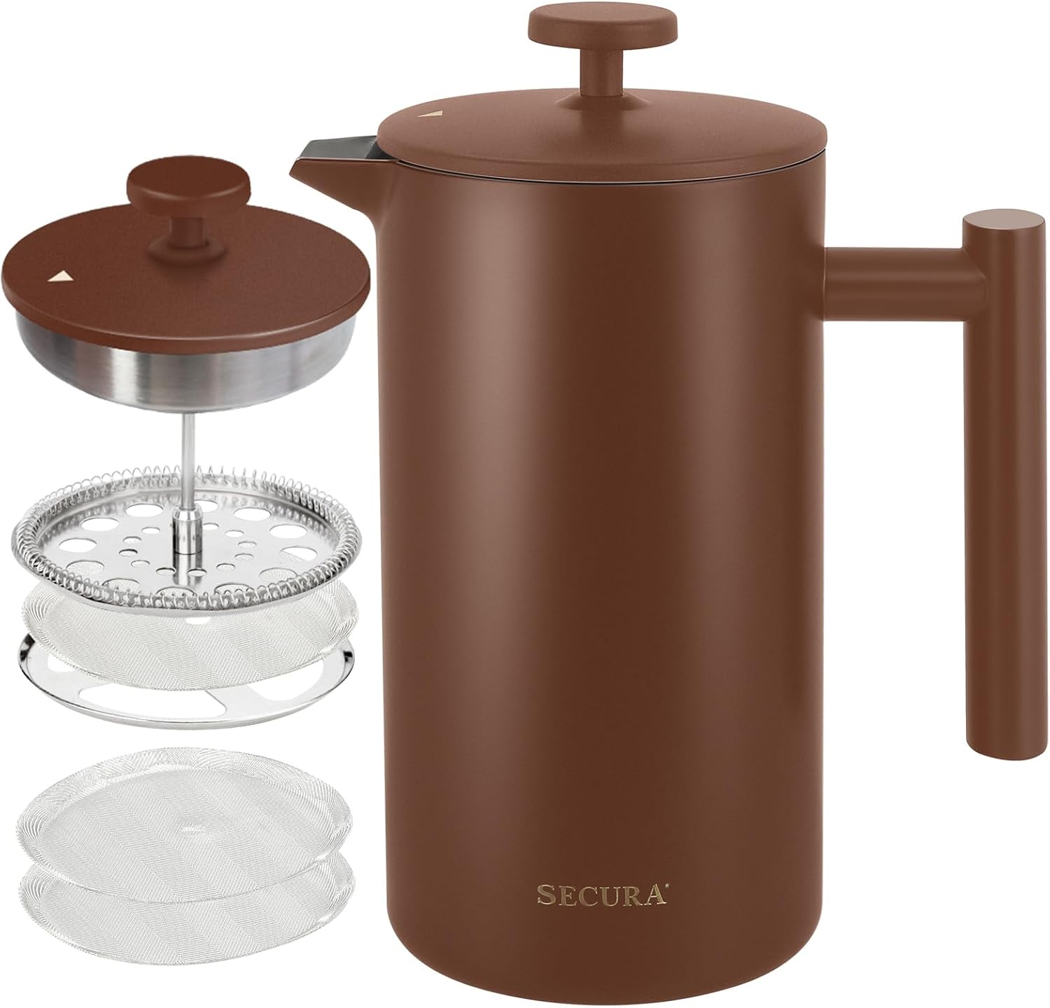 Secura French Press Coffee Maker, 304 Grade Stainless Steel Insulated Coffee Press with 2 Extra Screens, 34oz (1 Litre), Coffee - Blissbrew